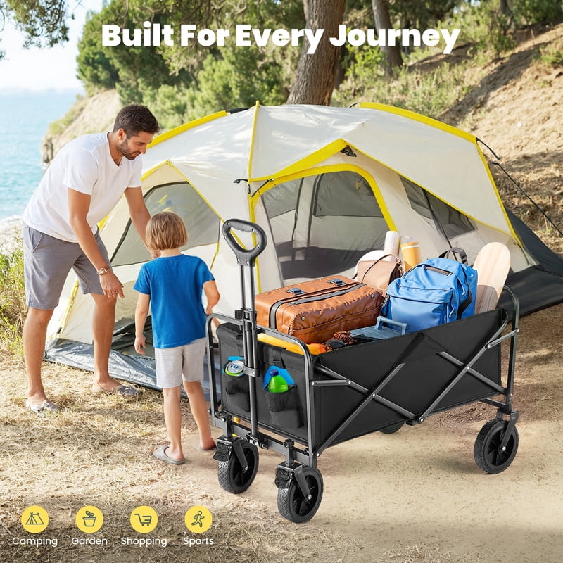 EDX Foldable Utility Cart, Small Capacity Shopping Wagon Cart with Drink Holders for Outdoors, Black