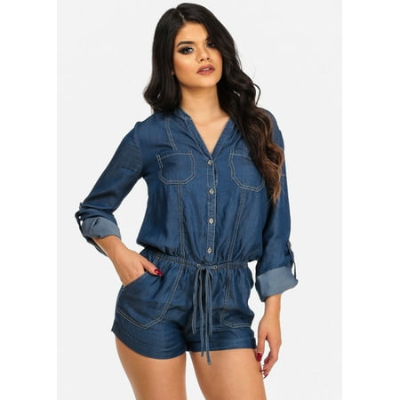 ModaXpressOnline - Womens Juniors Dark Wash Denim Long Sleeve Short ...