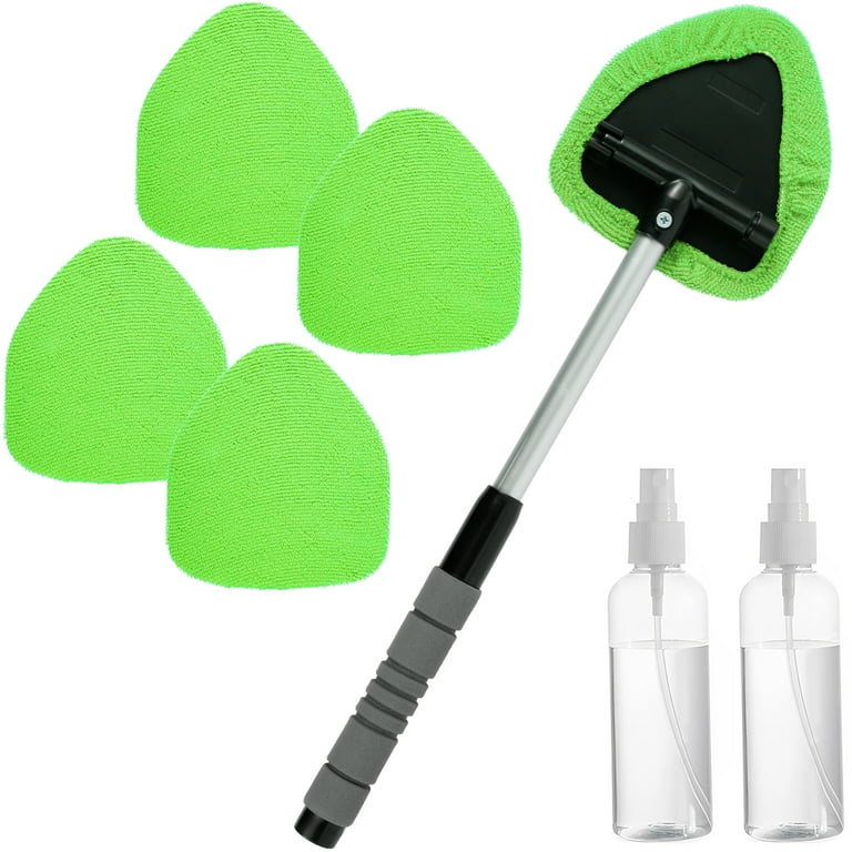 Windshield Cleaning Tool, Car Window Cleaner with Extendable Long Handle  and 4 Washable Reusable Microfiber Pads, Auto Interior Exterior Glass Wiper