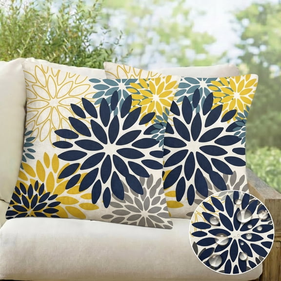 Sm:)e Navy Blue Yellow Waterproof Dahlia Floral Throw Pillow Covers 18x18 Inch Set of 2, Outdoor Farmhouse Decorative Square Cushion Cases for Patio, Living Room, Sofa, Bed