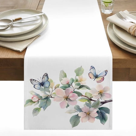 Butterfly Floral Cotton Linen Table Runner Watercolor Pink Blue Butterflies Vintage Green Leaf Dining Table Runners for Home Decor Party Dining Room Restaurant Kitchen 13 x 36