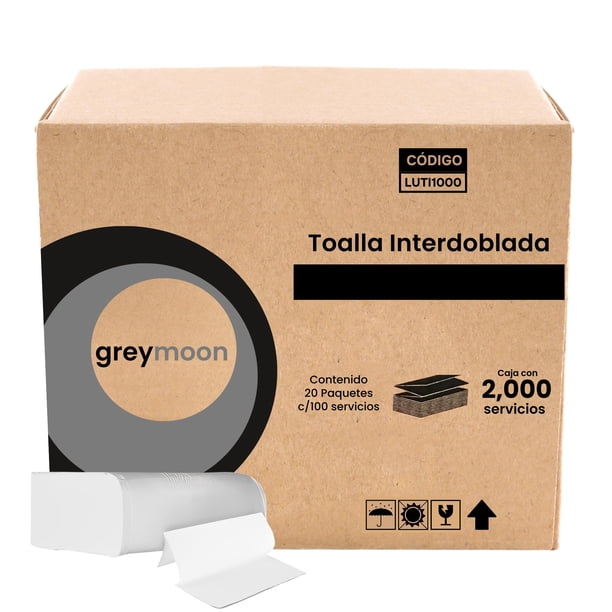 Toalla Interdoblada para manos GREYMOON - Toalla para manos de papel - Caja con 20 Fajillas de 100 Piezas c/u - Hoja sencilla - Super Absorbente - Alta Resistencia - Ecológico (Toalla Inter