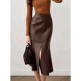 thumbnail image 5 of Women High Waist Front Center Slit Hem Faux PU Leather Fitted Mermaid Midi Skirt Brown M, 5 of 10
