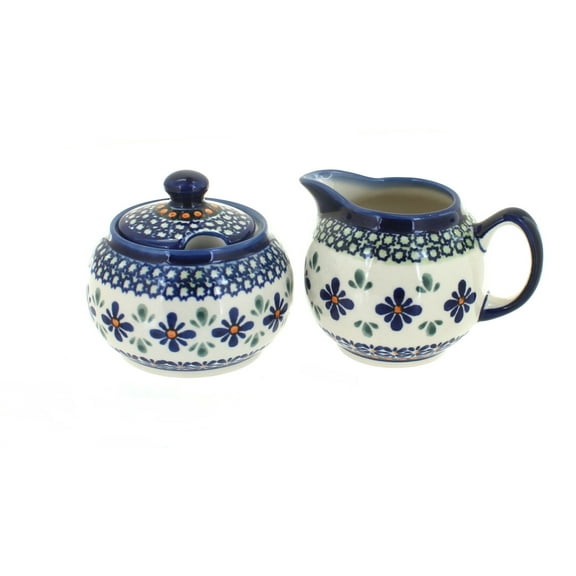 Blue Rose Polish Pottery Mosaic Flower Cream & Sugar Set