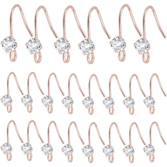 30 Pieces Diamonds Fish Earring Hooks Brass French Rhinestone Ear Wire with Open Loop Hole for DIY Dangle Earrings Jewelry Making, Rose Golden