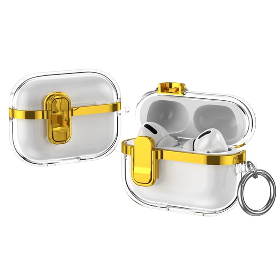 Dteck for Apple AirPods Pro Case (2019), Shockproof Case Clear Plating Silicone Lock Cover for AirPods Pro 1st Generation 2019 with Keychain for Women Men ,Gold