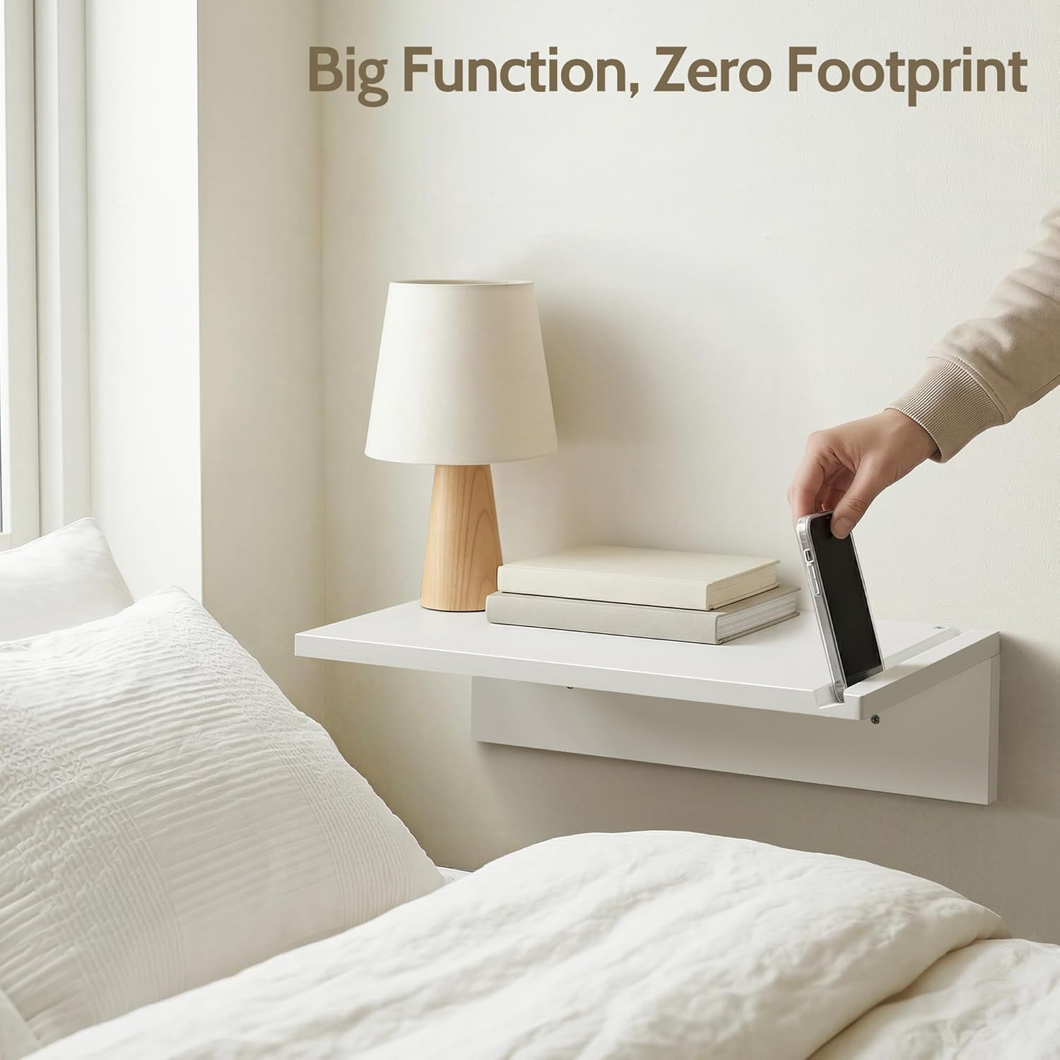 16" White Floating Nightstand, Modern Solid Pine Wood Wall Mounted Bedside Table with Phone Slot, Cord Management, Floating Shelves for Bedroom Dorm