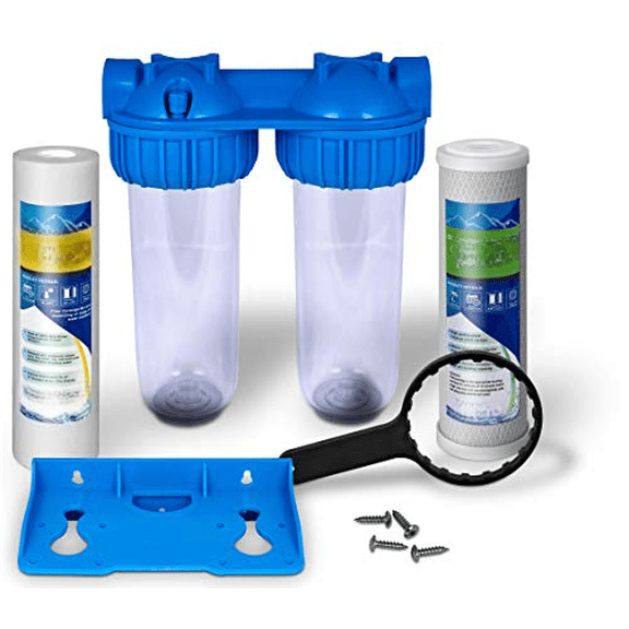 Dual Whole House Water Filter System, Transparent Standard Housings, Presser Relief , 3/4” Inlet/Outlet Brass Port, 5 Micron Sediment & Carbon Cartridges Meets NSF Standards & Regulations