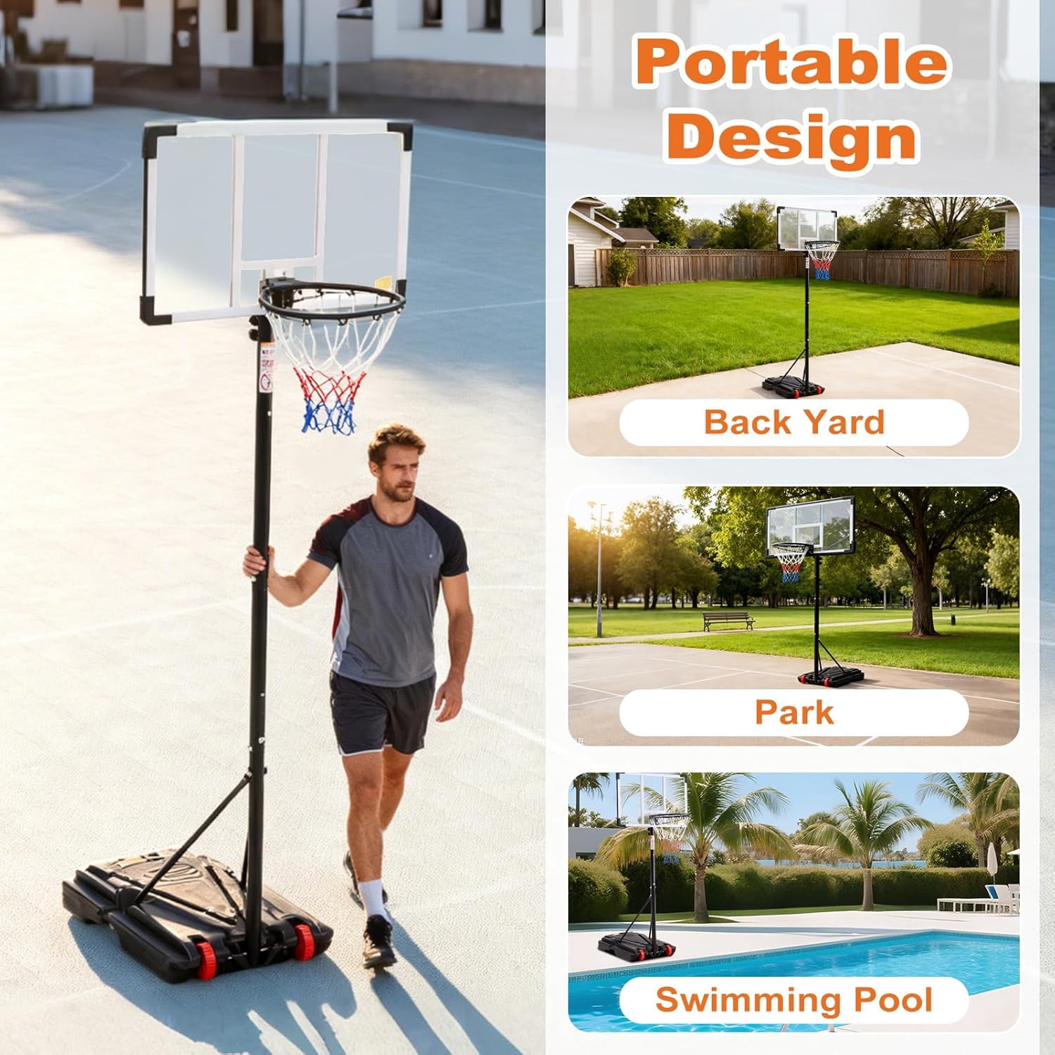 Portable Basketball Hoop Outdoor, Adjustable Basketball Hoops Goal System Shatterproof Backboard, Shock Absorbent Rim, Fillable Base for Swimming Pool/Backyard/Driveway