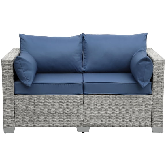 PE Rattan Patio Loveseat, Outdoor 2-Seater Sofa with Deep Seating, Blue Cushions, All-Weather Wicker Furniture for Porch Backyard Apartment, Blue
