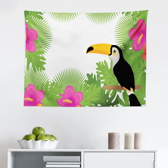 Tropical Tapestry, Graphical Illustration of Hawaiian Leaves Exotic Foliage, Fabric Wall Hanging Decor for Bedroom Living Room Dorm, 2 Sizes, Pale Seafoam Baby Pink, by Ambesonne