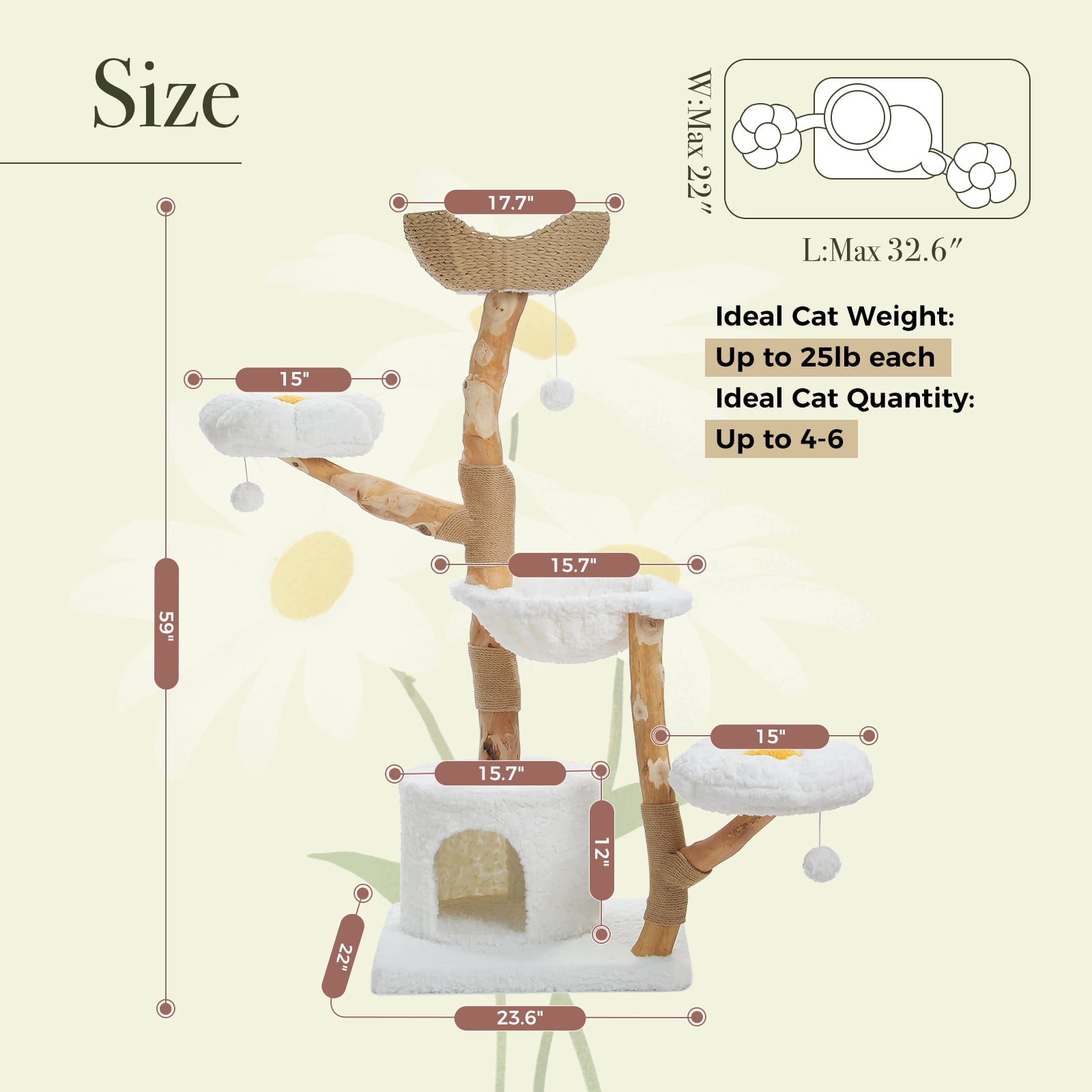 Pefilos 59" Modern Cat Tree Tower with 2 Flower Perches, Condo, Wicker Basket Bed, Boho Cat Furniture with Real Branch Scratching Post, White