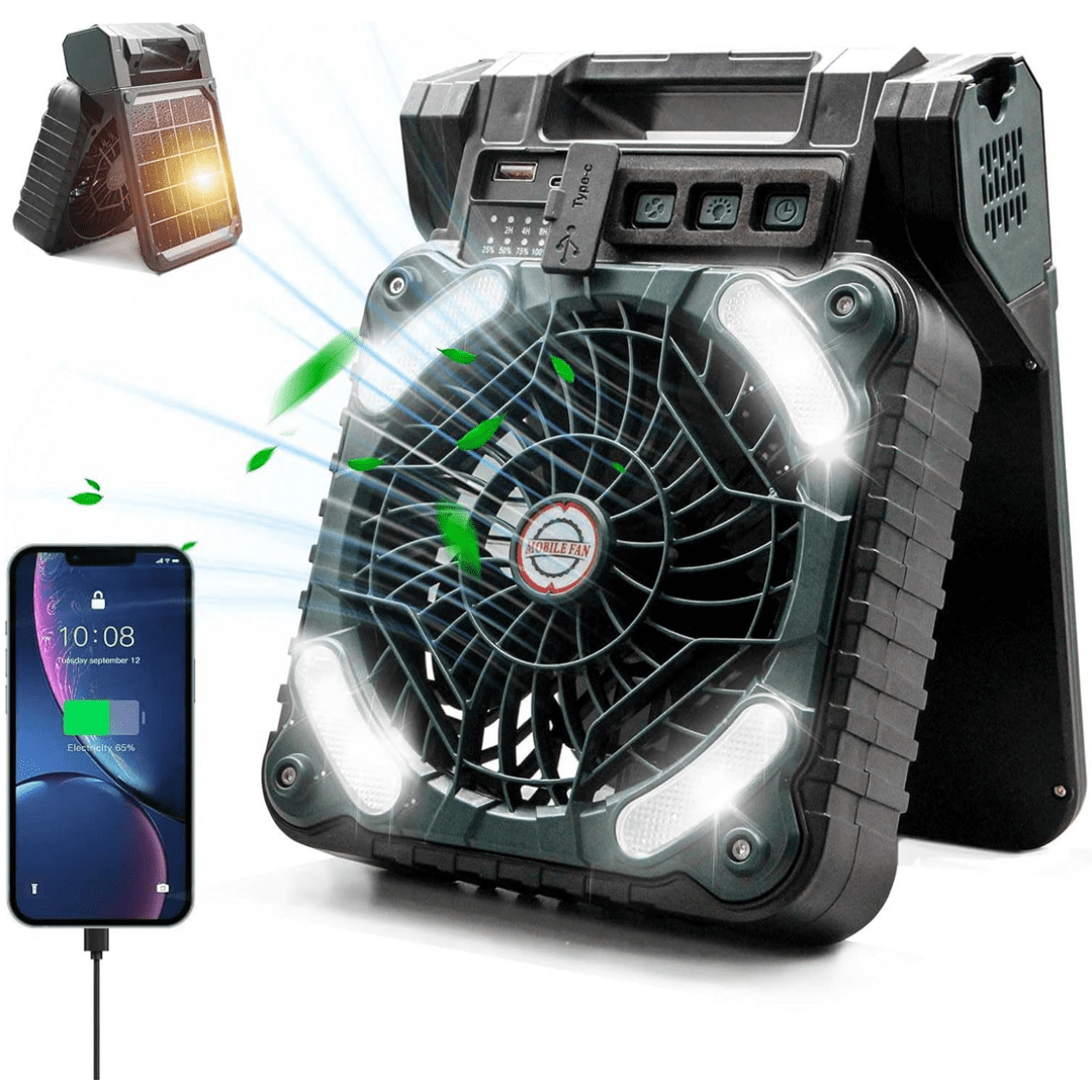 Solar Camping Fan with Light, 4 Speeds USB Rechargeable Solar Powered Fan with Timer, 90° Folding Portable Desk Fan with Power Bank Feature for Hurricane Outages Outdoor Camping Fishing Travel BBQ