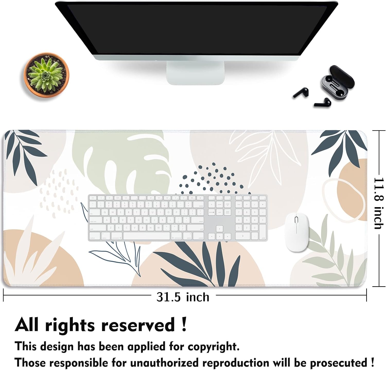Boho Mouse Pad, Large Desk Pad, Desk Mats on Top of Desks, Cute Desk Mat, Neutral Office Desk Supplies, Minimalistic Modern Abstract Plant Botanical, 31.5x11.8'''' XL Desk Cover Mat - Tropical