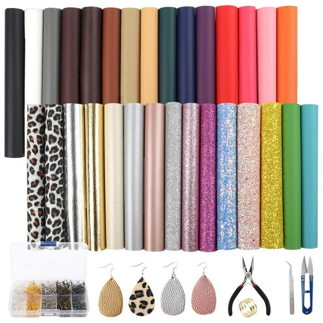 SGHUO 30pcs Leather Earring Making Kit Include 4 Kinds of Faux Leather Sheets and Tools for Earrings Craft Making Supplies