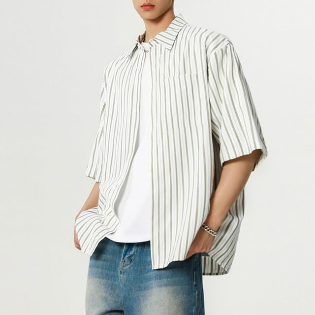 pstuiky camisetas camisas para hombre, Camisa de manga larga vintage informal con solapa y botones a rayas para hombre camisas casuales para hombre l