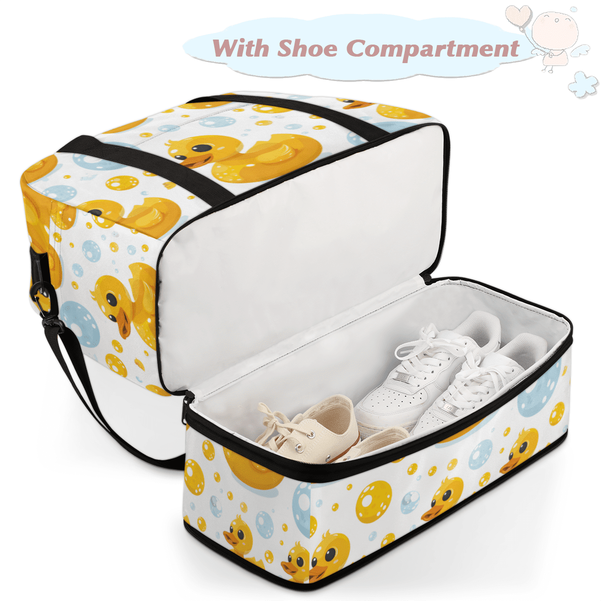 Herdesigns Rubber Duck Foldable Travel Duffel Bag for Women Men, Yellow Blue Bubble Weekend Overnight Carry On Bags with Shoe Compartment