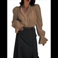 thumbnail image 2 of Blusa para Mujer, Color Amarillo Paja, Color Liso, con Puños Fruncidos y Cuello en V, Ropa de Moda para Otoño e Invierno. Caqui M, 2 of 5