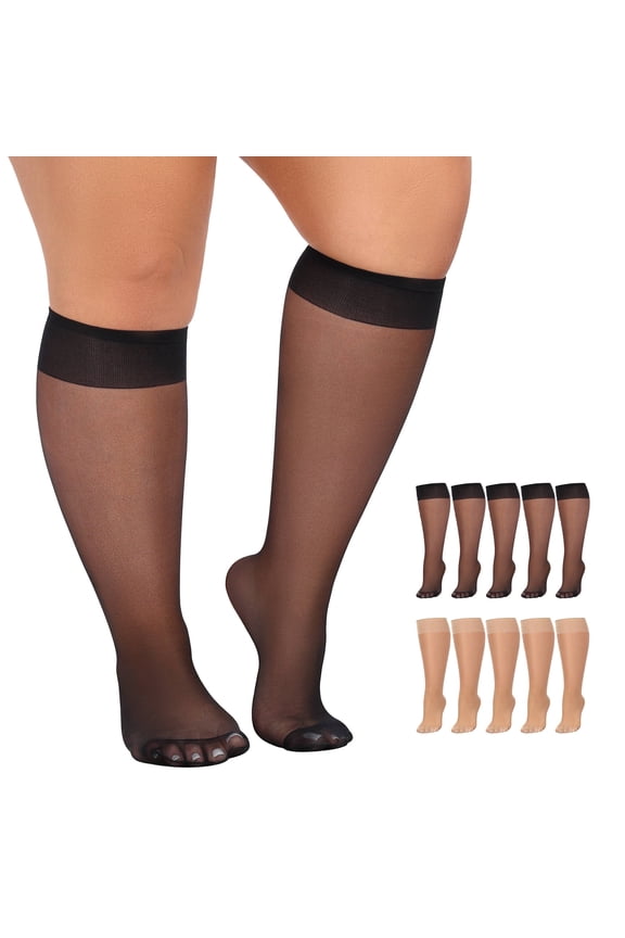 10 Pairs Plus Size Knee High Stockings for Women 15D Sheer Nylons Socks with Wide Calf