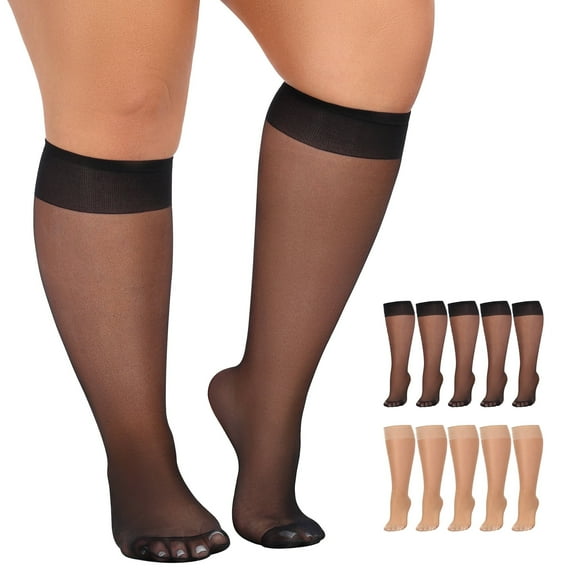 Manzi 10 Pairs Plus Size Knee High Stockings for Women 15D Sheer Nylons Socks with Wide Calf