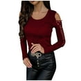 thumbnail image 2 of Tbopshirt Tops for Women,Women Strapless Lace Long Sleeve Stitching Lace Hollow Bottoming Shirt Top Shirt, 2 of 5