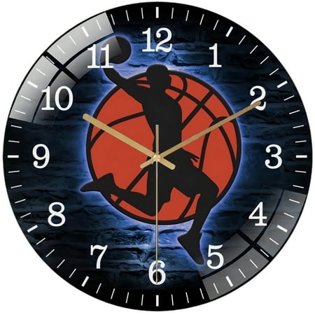Decorative Clocks: Dunk Boy Basketball Glass Wall Clock, Basketball Player Lover Wall Clock, Home Decor Man Cave Sports Room Decoration Father's Day Birthday Christmas Style 12×12inch(30×30cm)