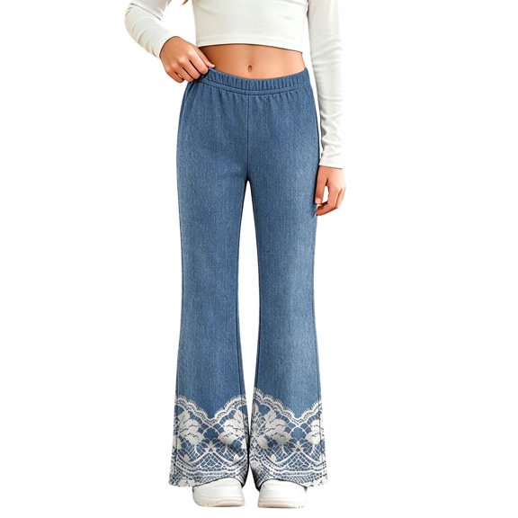 Qingpeng Girls Flare Pants Elastic Waist Casual Fashion Denim Look Lace Print Stretchy Long Pants for Kids