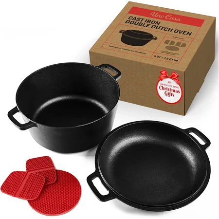 

2in1 Cast Iron Dutch Oven - 5 Quart Dutch Oven Pot with Lid Cast Iron Pre-Seasoned Cast Iron Dutch Oven 5 Quart with Frying Pan Cast Iron Pot