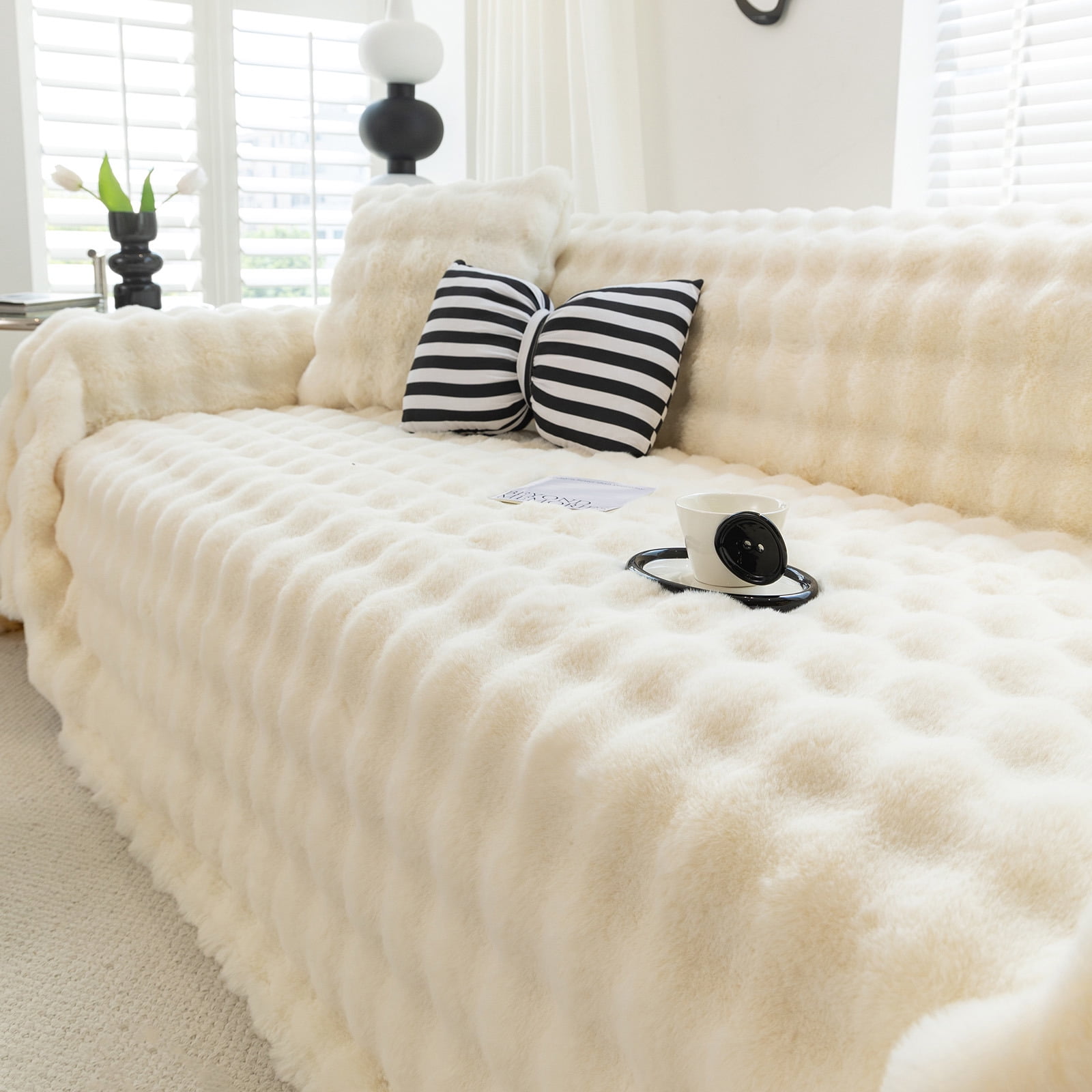 WOOW DEPOT Warm Faux Rabbit Fur Sofa Cover Machine Washable, Thick Throw Blanket L Shape Slipcover for 3 Cushion Couch, Beige Cream 71"x134"