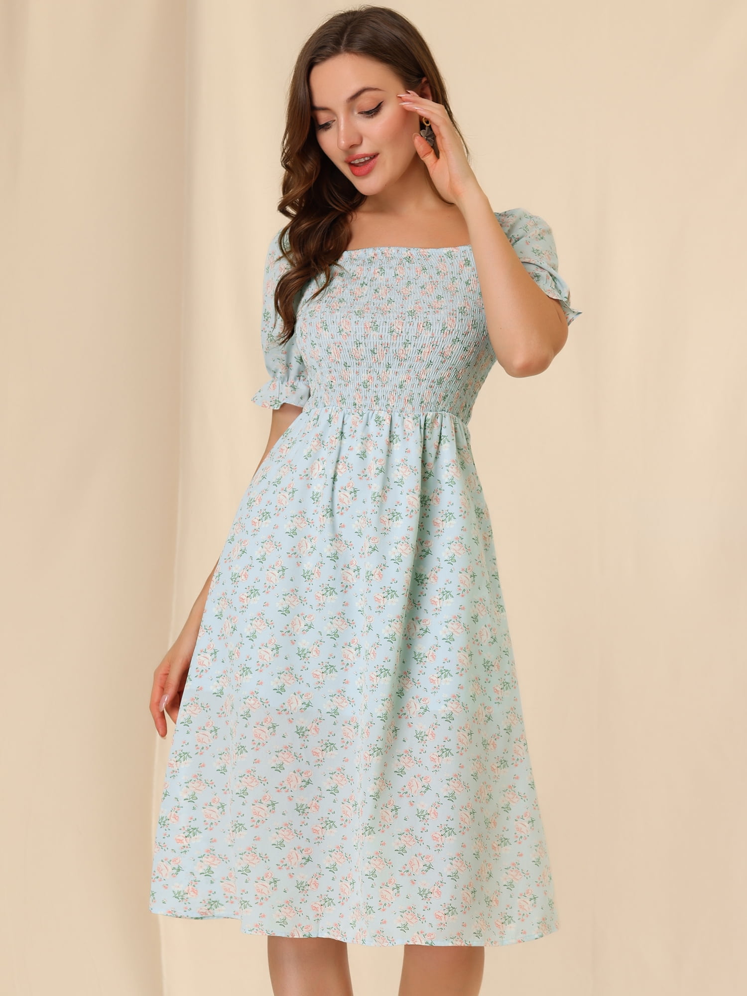 DARING DIVA Square Neck Puff Sleeves Smocked Waist Midi Floral Dres 2XL Blue