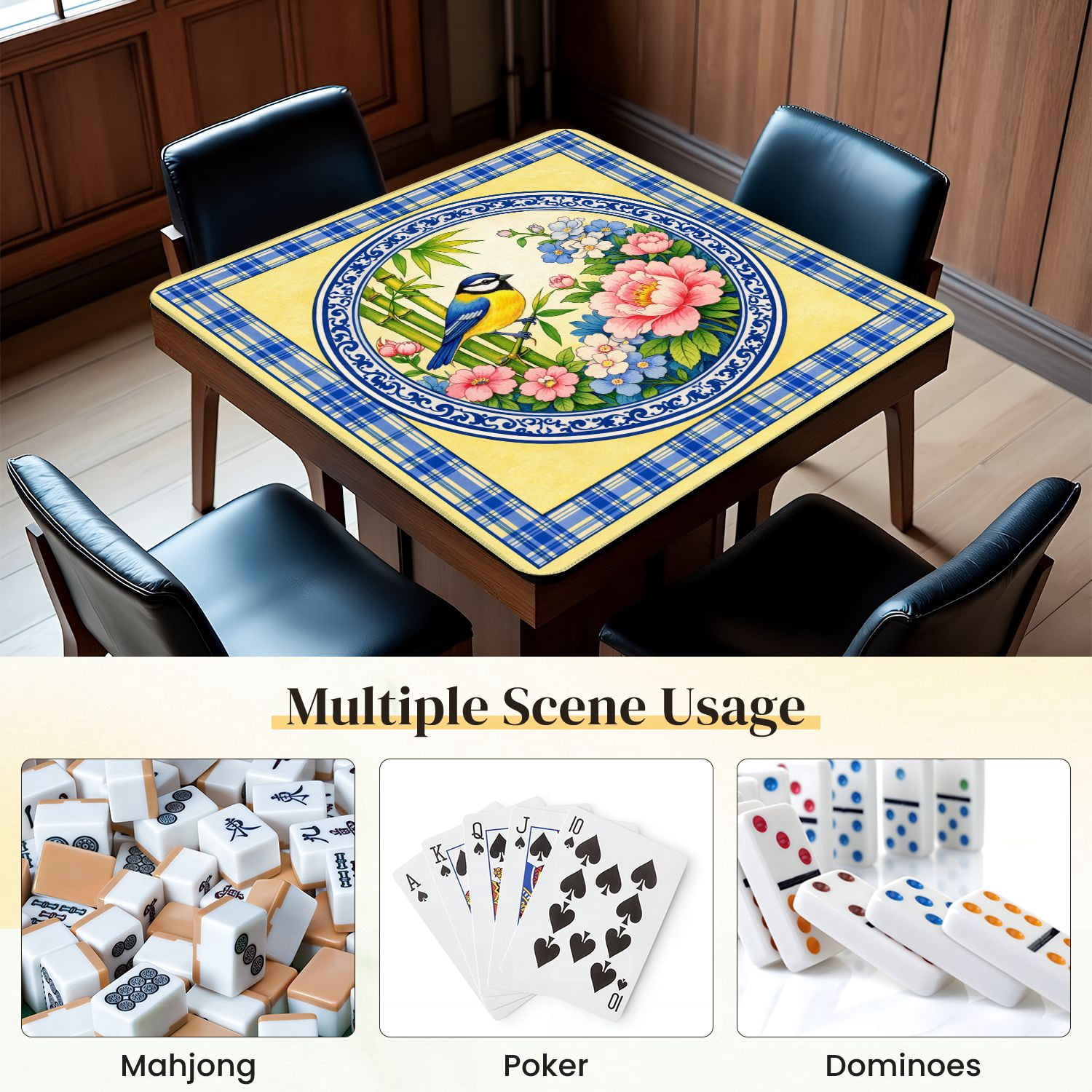 Mahjong Mat 31.5" x 31.5" Blue Tit Bird Vibrant Floral Bamboo Decorative Border Non-Slip Noise Reduction Mahjong Tiles Table Cover for Dominoes Poker Card Board and Tile Games