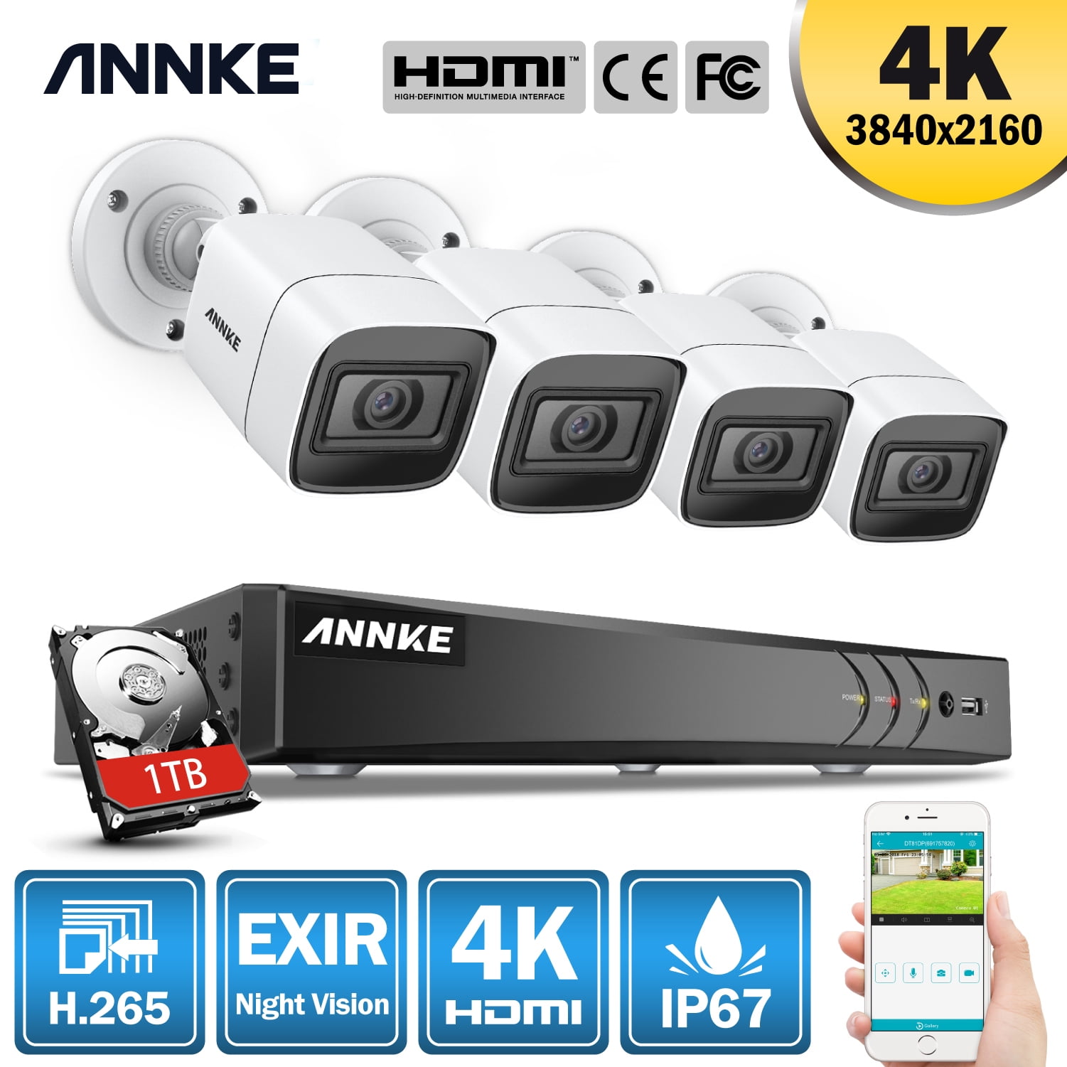 und 4×4K HD Überwachungskameras 8+4 4K 1TB HDD Annke Kit 8CH DVR Ultra HD 4K H.265