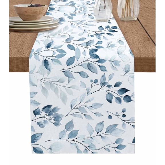 Blue Botanical Table Runner 72 Inches, Spring Summer Leaves Elegant Bed Runner Dresser Scarves Tabletop for Indoor Outdoor Parties/Ceremony/Banquet, 13" x 72"