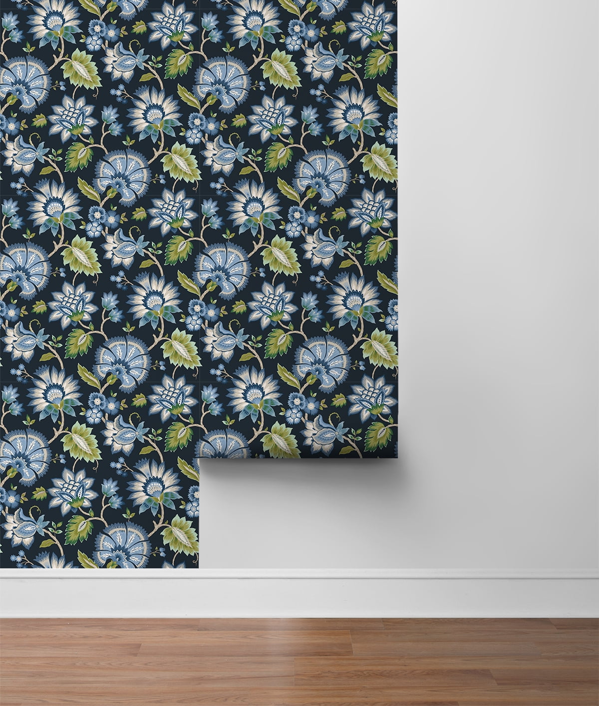 NextWall Midnight Blue Jacobean Blossom Floral Peel and Stick Wallpaper