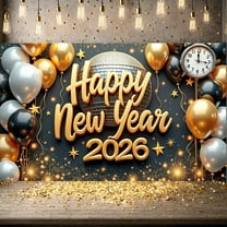 Gold Silver Black Happy New Year Display Disco Ball Design 2026 Backdrop Clock Star Decorations New Year Background for New Year Party Night Celebration Disco Event