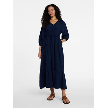 Time and Tru Women's Tiered Maxi Dress with 3/4 Length Sleeves, Sizes XS-XXXL