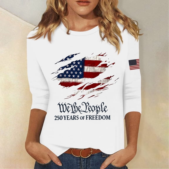 Iaqnaocc Shirts for Women 3/4 Sleeve 250 anniversary usa shirt Trendy Patriotic Flag Print Tee Fashion Fall Spring Round Neck Vacation Outfits White M