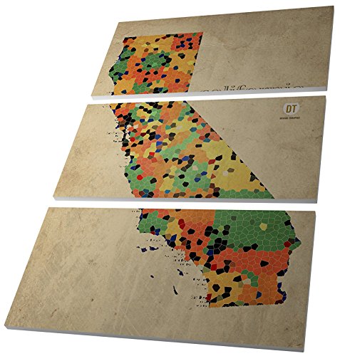 "California State Mosaic County Map" Gallery Wrapped Triptych Canvas Wall Art, 48" x 30 