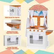 BRINJOY Kids Kitchen Playset, Double-Sided Wooden Play Kitchen for Toddlers w/Oven, Window, Play Food, Apron, Towel, 2 in 1 Realistic Pretend Play Cooking Toy Kitchen Set Gift for Girls Boys Age 3+