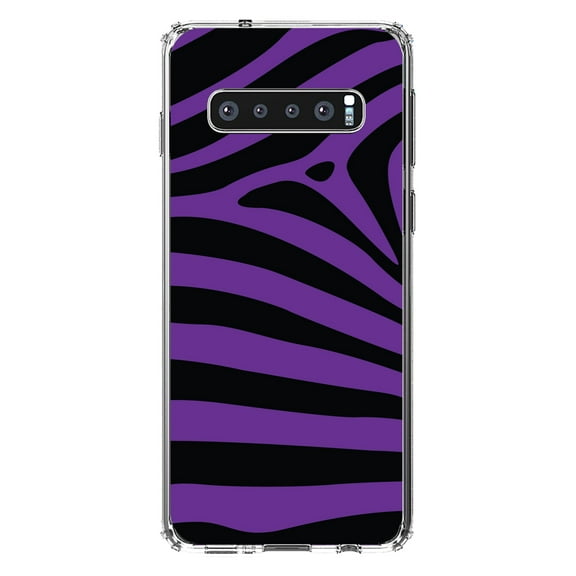 DistinctInk Clear Shockproof Hybrid Case for Samsung Galaxy S10 (6.1" Screen) - TPU Bumper, Acrylic Back, Tempered Glass Screen Protector - Black Purple Zebra Skin Stripes