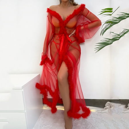 Uinagy Women Fashion Tulle Robe Long Lingerie Nightgown Bathrobe Sleepwear Feather Bridal Robe Lace Lingerie