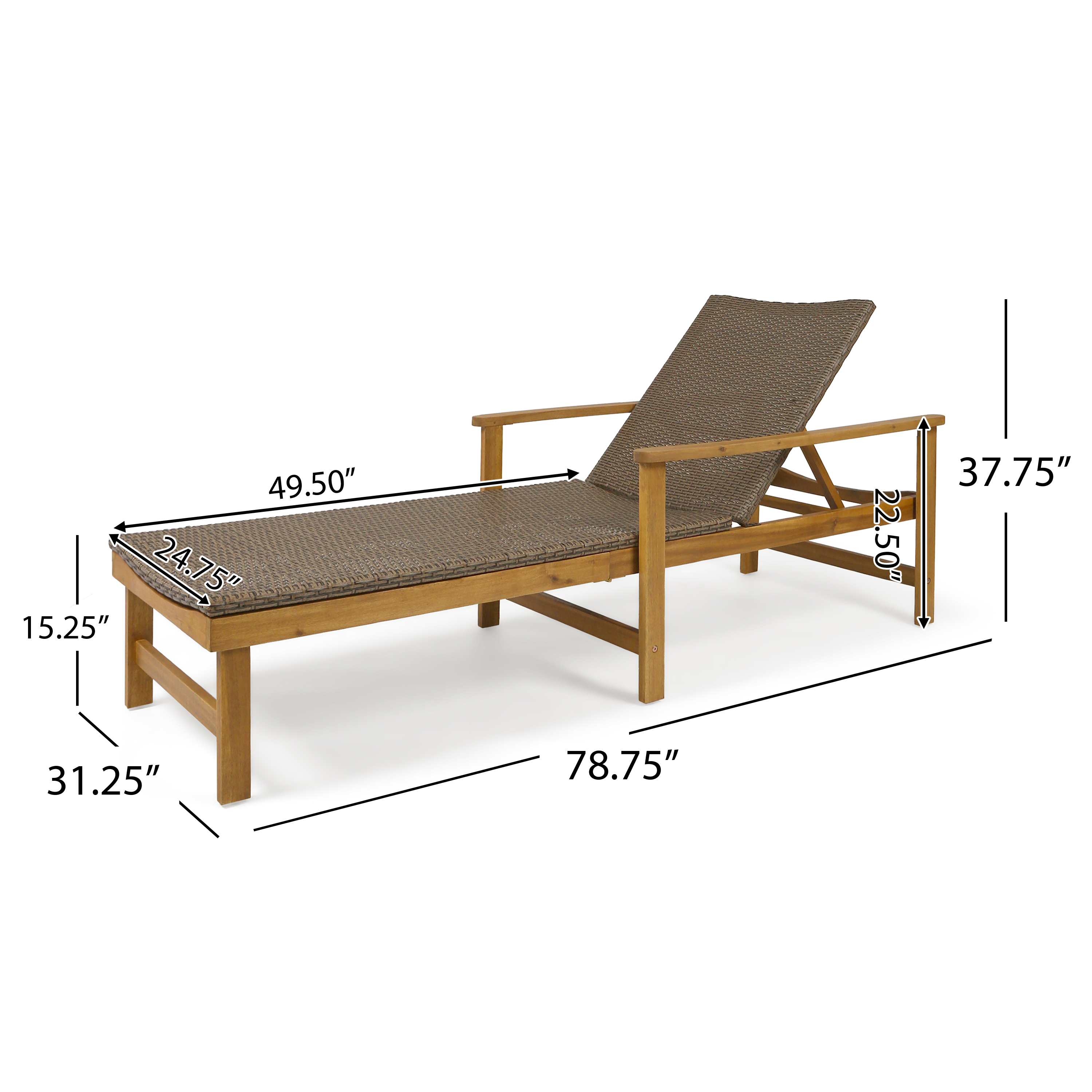 Kyle Outdoor Rustic Natural Acacia Wood Chaise Lounge with Wicker Seat, Natural Brown and Mixed Mocha - image 5 of 10