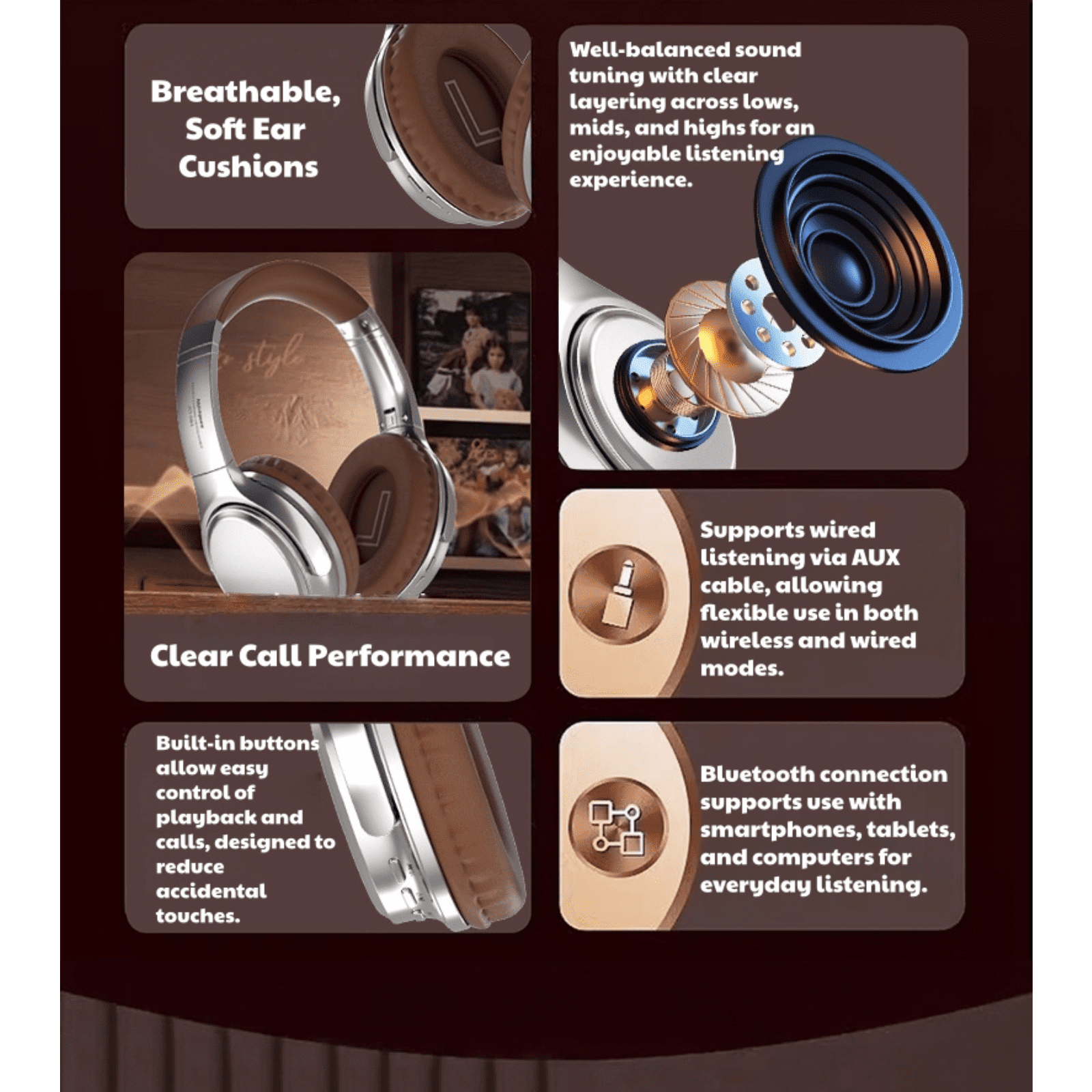 Retro Over-Ear Bluetooth Headphones, Wireless & Wired Audio Headset with TF Card Slot, AUX Input, Foldable Design, Long Battery Life for Home and Travel