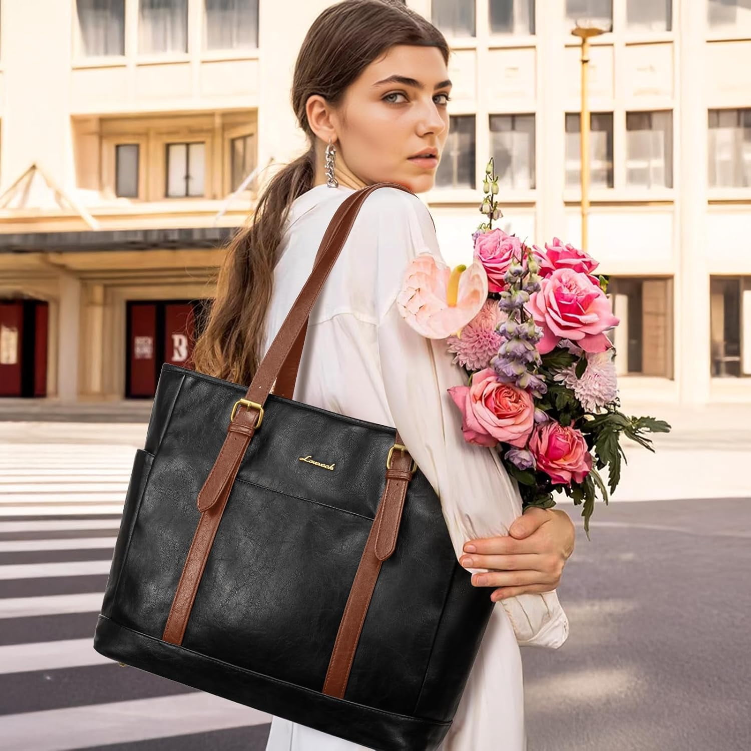 LOVEVOOK Laptop Tote Bag for Women,Vintage Leather Work Tote Bag for Women, 15.6 Inch Computer Briefcase Bag,Waterproof Teacher Business Office
