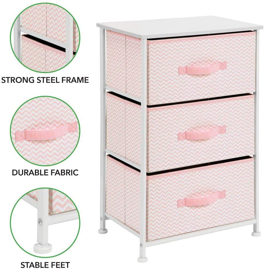 Sturdy Steel Frame Easy Pull Fabric Bins mDesign Vertical Dresser Storage Tower Organizer Unit for Child/Kids Bedroom or Nursery Wood Top Chevron Zig-Zag Print 3 Drawers Pink/White