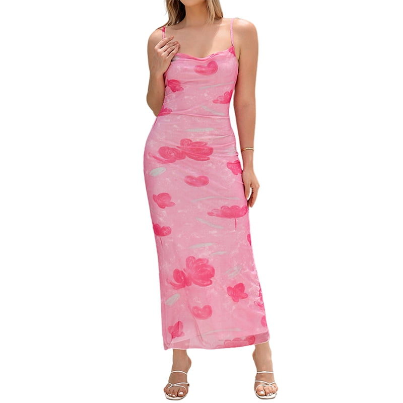 Women'S Floral Ruched Bodycon Midi Dress Mesh Fishtail Summer Wedding Guest Cocktail Going Out Dresses 2025 Rose Red M