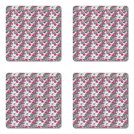 

Tropical Coaster Set of 4 Pink White Hibiscus Flowers on Monochromatic Background of Leaves Square Hardboard Gloss Coasters Standard Size Charcoal Grey Magenta by Ambesonne