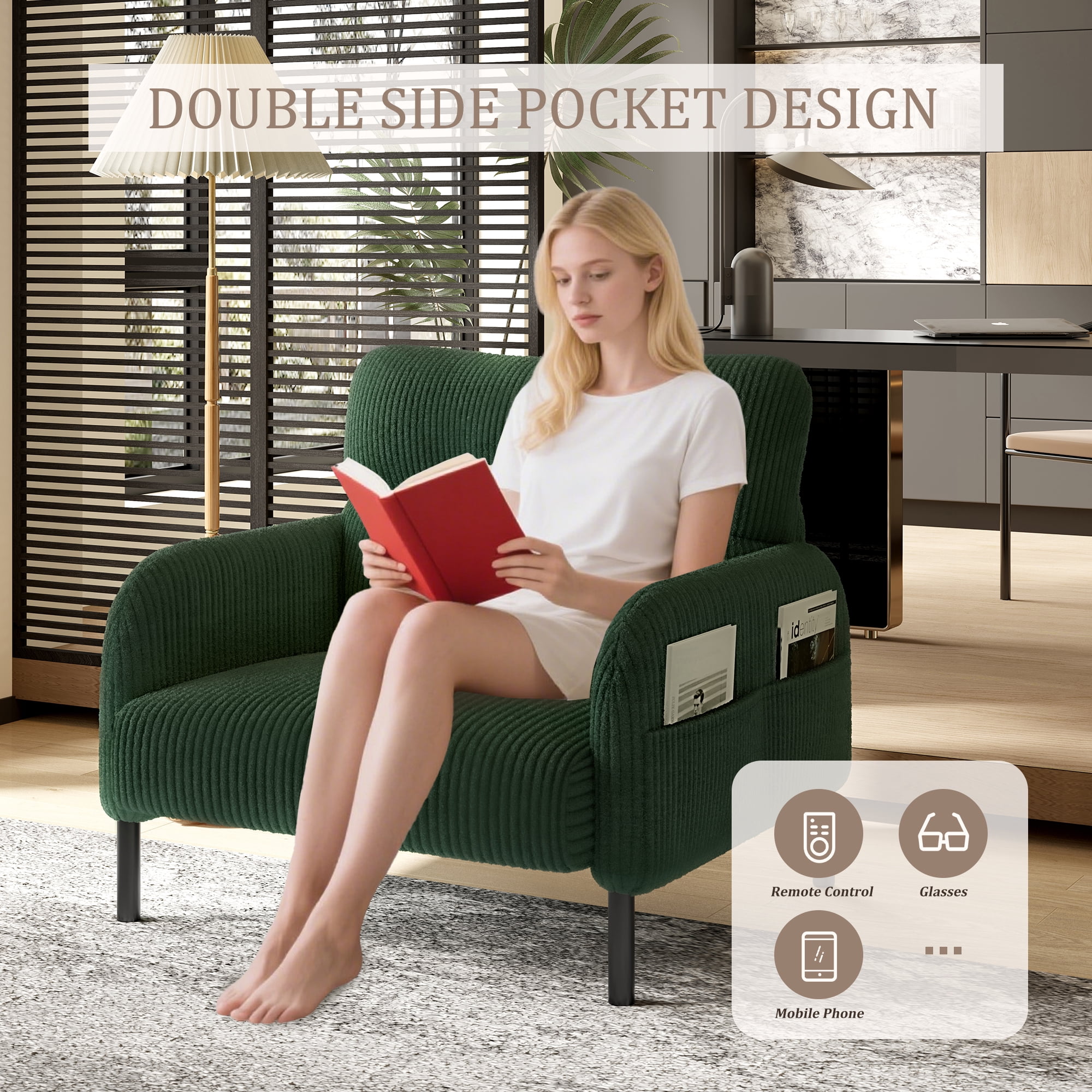 MOONMISS Corduroy Upholstered Comfortable Single Wood Frame Armchair for Living room and Bedroom-Emerald