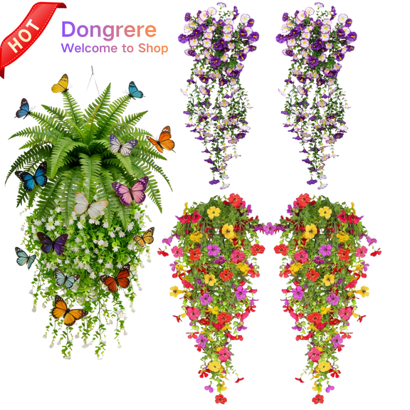 Dongrere 1 Pc Artificial Purple & White Petunia Hanging Flowers Fake Flowers with Leaves for Indoor Outdoor Decor, 29.5 Inch