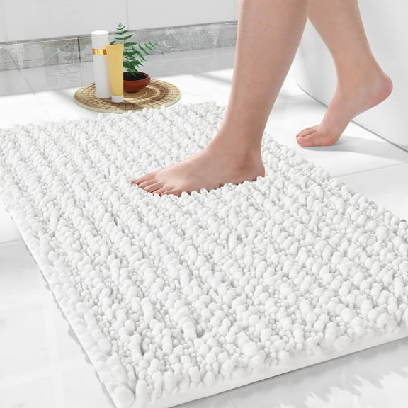 Bath Rug Mat, 32 x 20, Soft Shaggy Chenille Bathroom Rugs, Large Size, Super Absorbent & Thick, Non-Slip, Machine Washable Bathroom mat, Bath Mats for Bathroom, Tub & Shower, Bright White